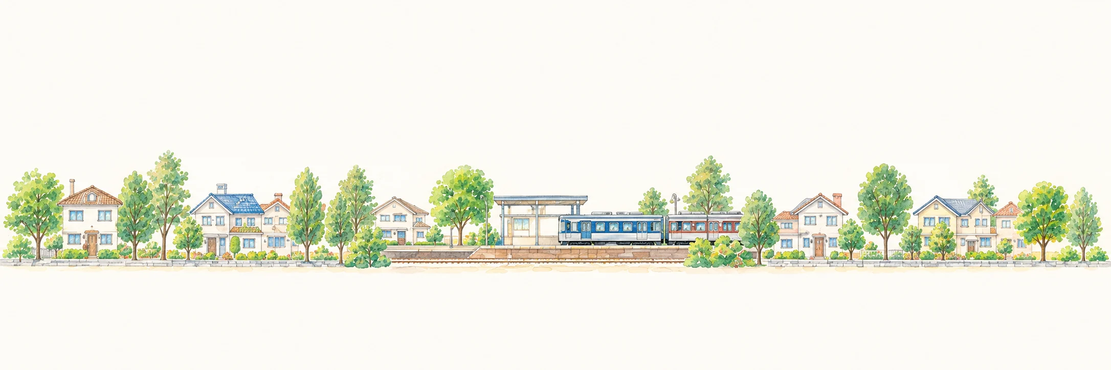 寒川の街をイメージした、駅と列車と家並みの水彩イラスト
