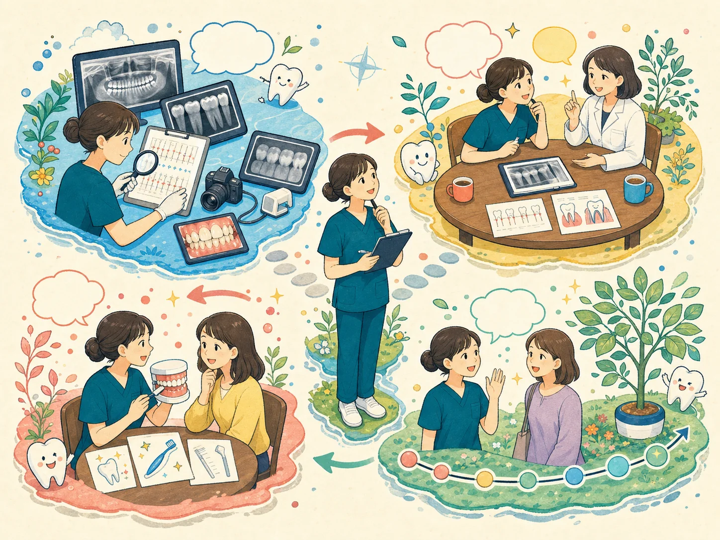 検査、考察、説明、継続的なメインテナンスへ進む予防歯科の流れを描いたイラスト