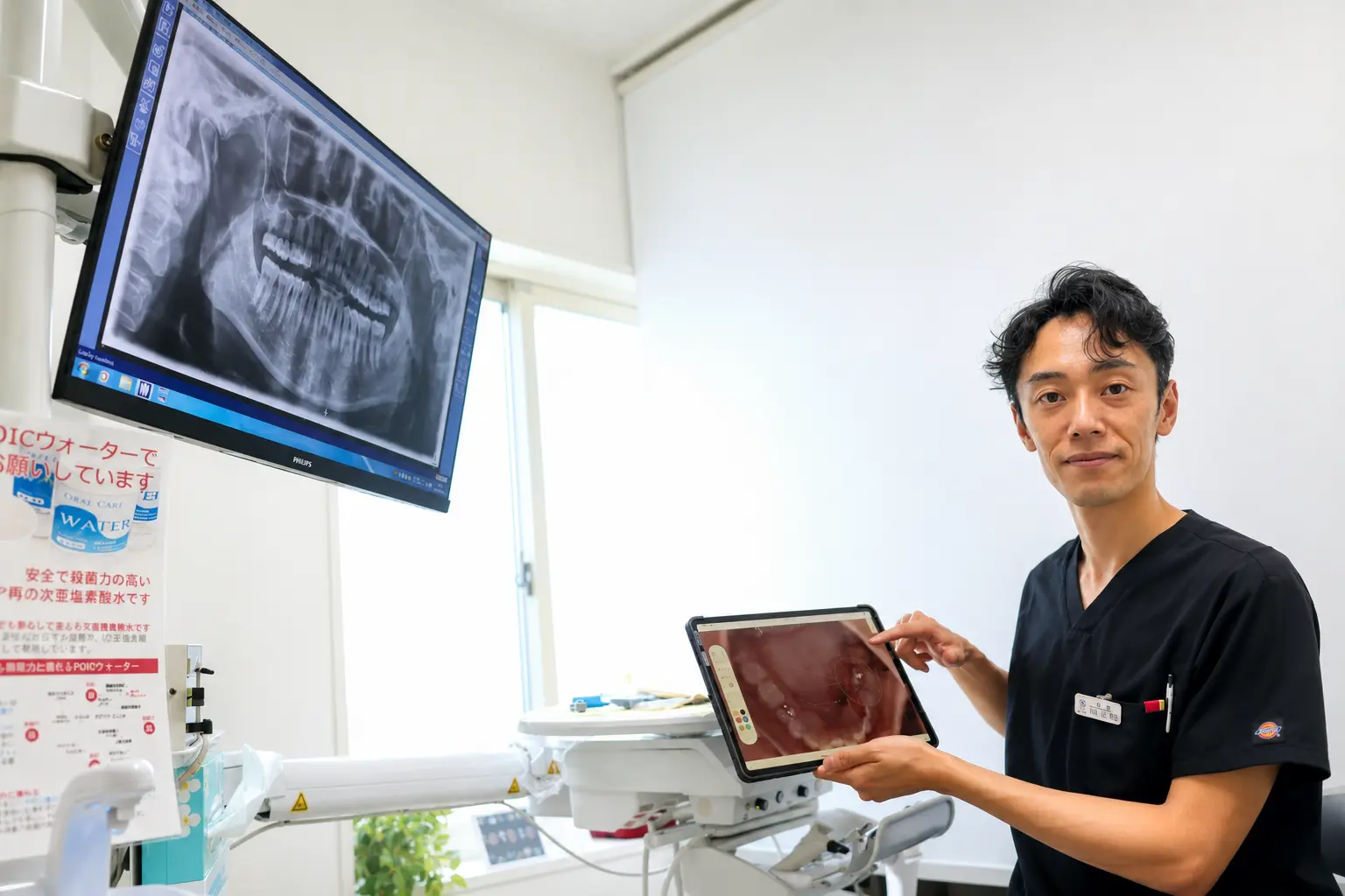 レントゲン写真と口腔内画像を示す湘南予防・歯科室 院長 坪川正樹