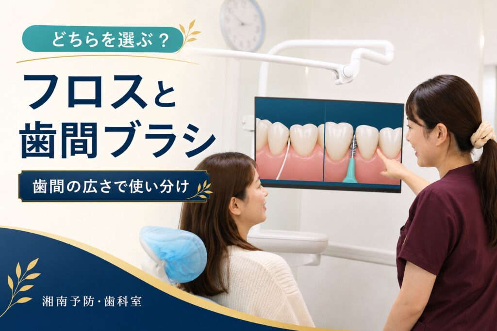 歯科衛生士が患者に説明する写真に「どちらを選ぶ？ フロスと歯間ブラシ 歯間の広さで使い分け」と入れたアイキャッチ