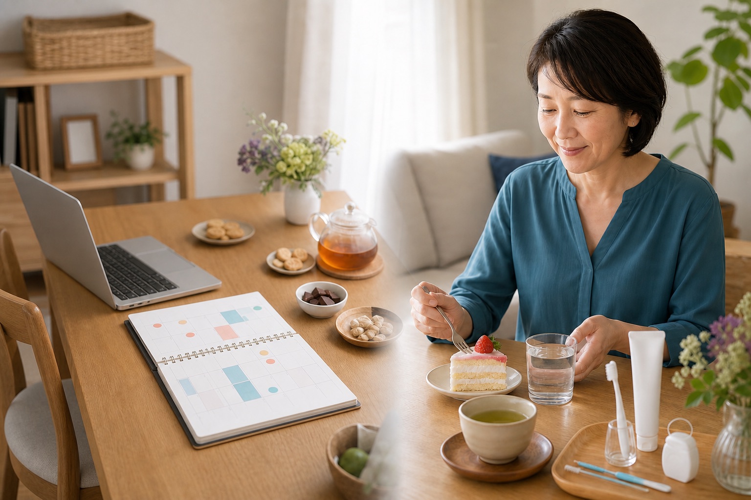 50代の女性が間食の時間を整え、普段の飲み物を水や無糖のお茶にする生活場面