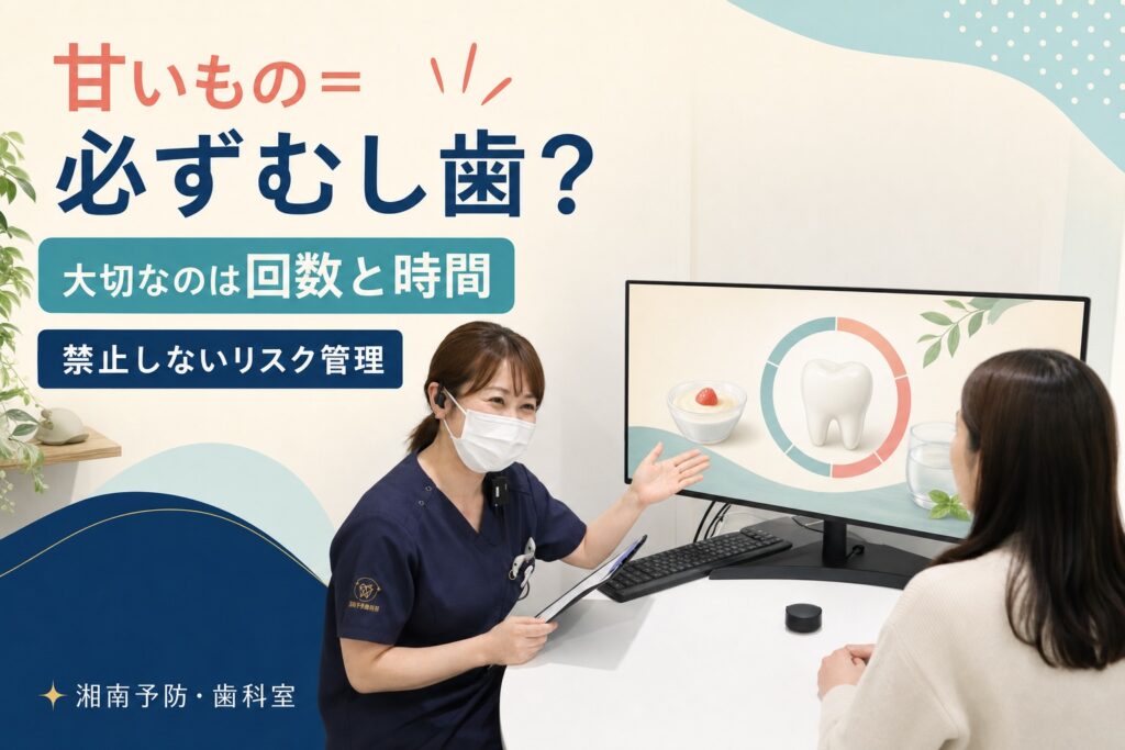 カウンセリング写真に「甘いもの＝必ずむし歯？ 大切なのは回数と時間 禁止しないリスク管理」と入れたアイキャッチ