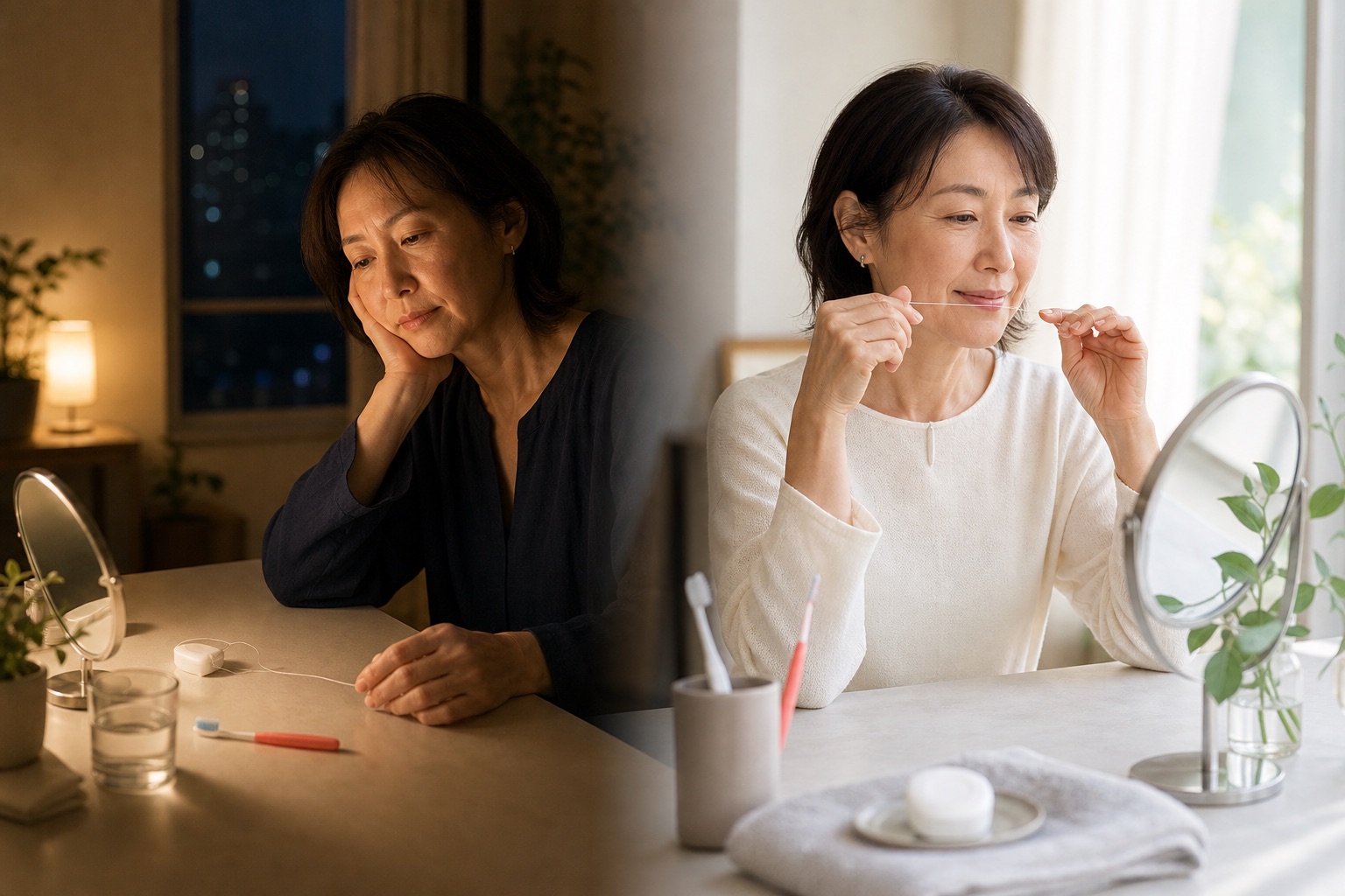 できなかった夜の翌朝にフロスでセルフケアを再開する50代女性