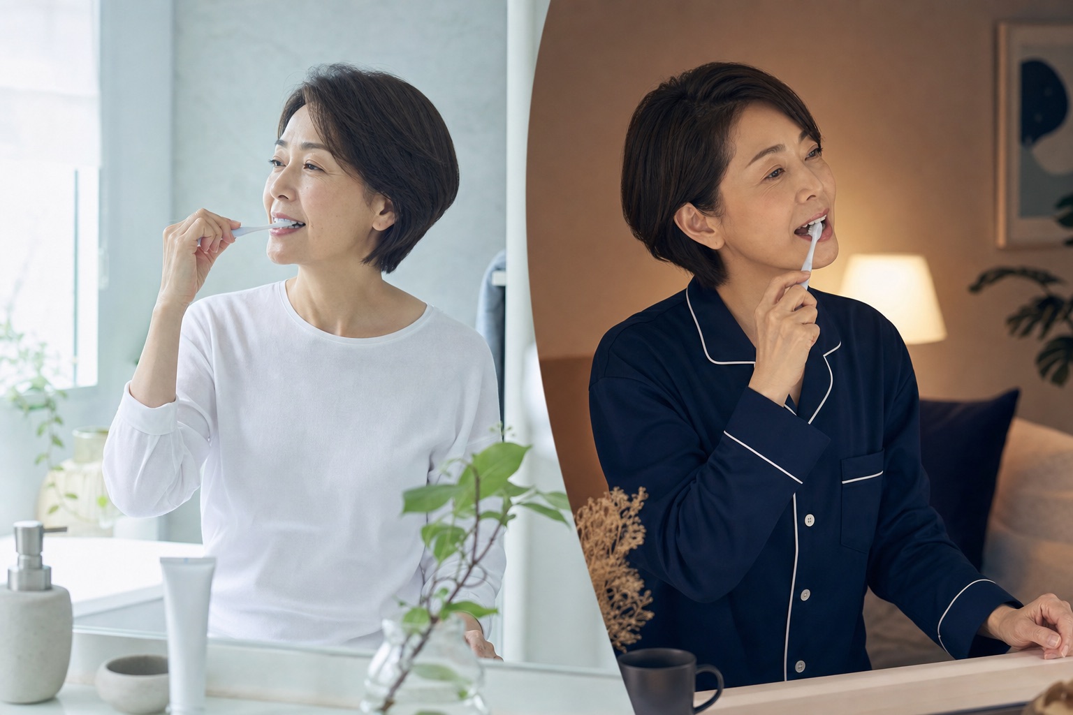 朝と就寝前に奥歯や歯ぐきの境目を意識して磨く50代女性
