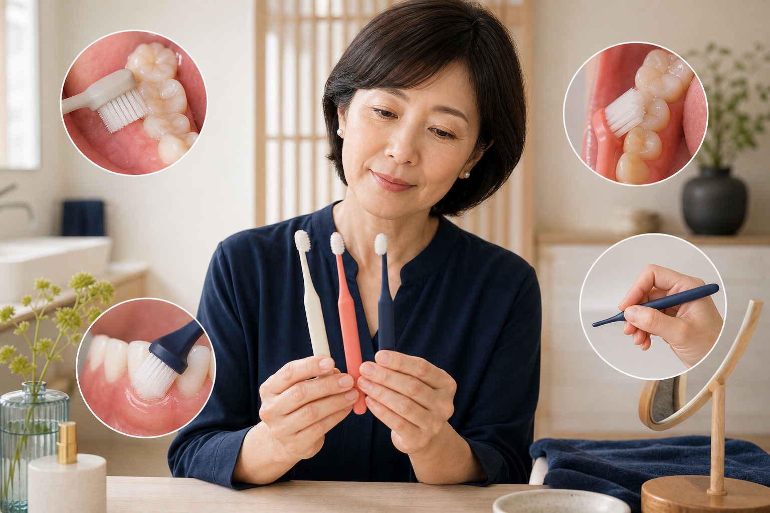 奥歯や歯ぐきの境目に届くヘッドと持ち手を比べる50代女性