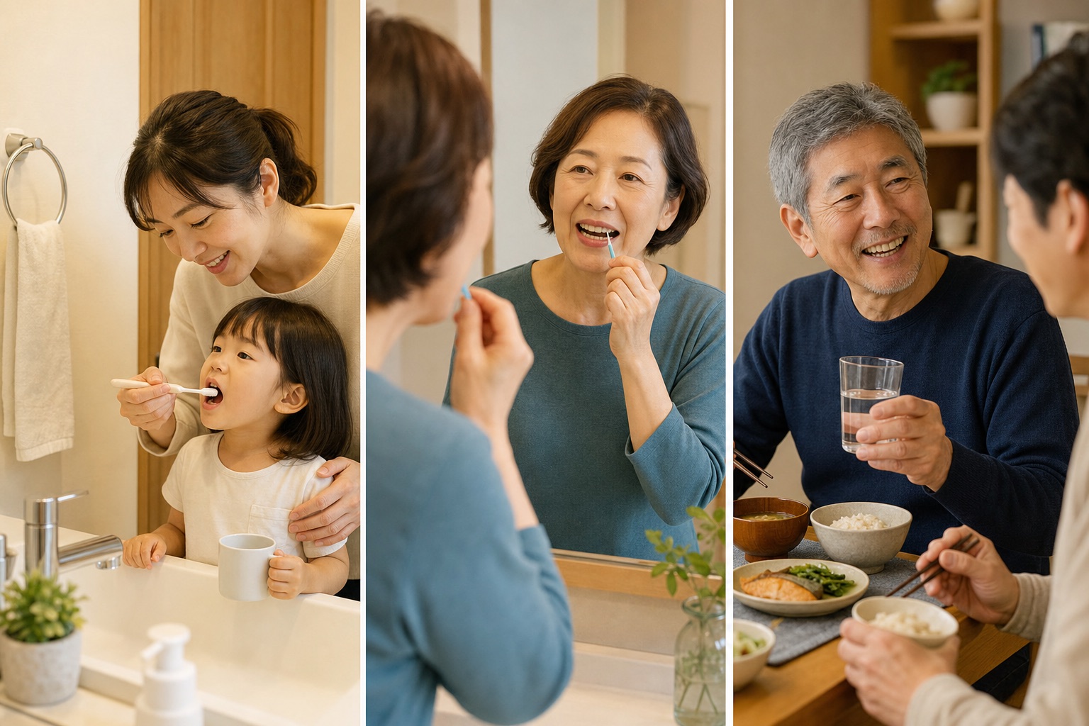 子どもの仕上げみがき、50代女性の歯間清掃、シニアの食事を家族の生活場面として描いた画像