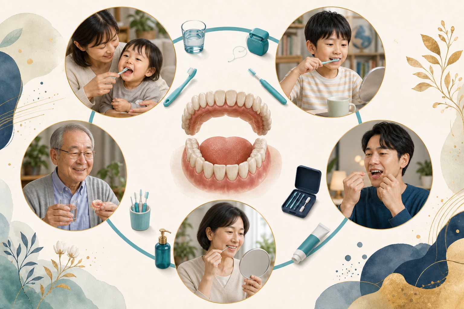乳歯の時期、学童期、若い大人、40代以降、シニアの口腔ケアを一つの流れで示した図
