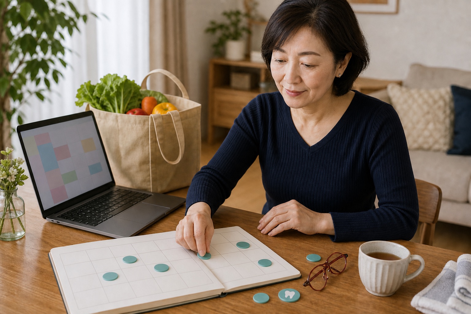 50代の女性が仕事や家族の予定と歯科受診を無理なく組み合わせる様子
