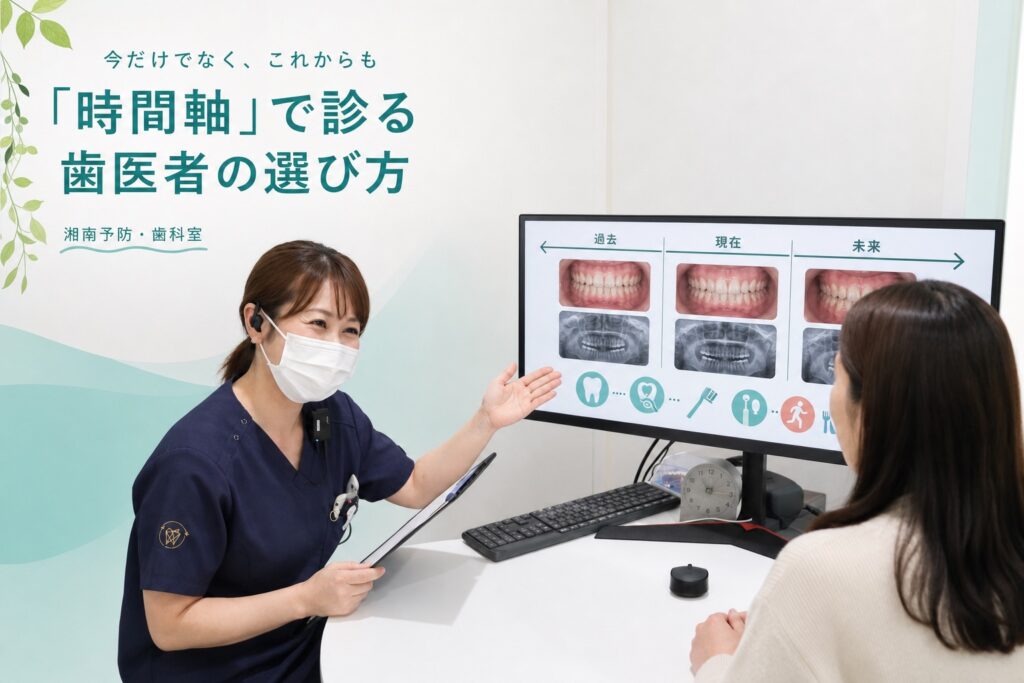 今だけでなくこれからも時間軸で診る歯医者の選び方を伝えるアイキャッチ