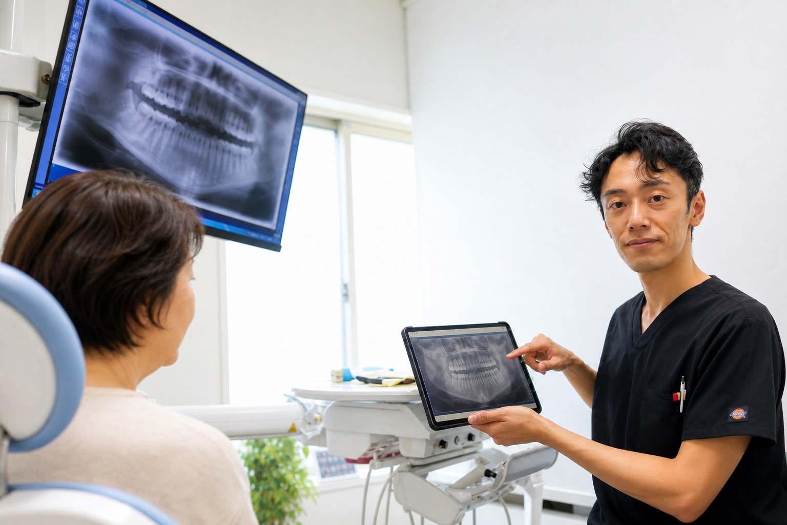 院長が50代女性患者に記録を示し将来を見据えた歯科医療を説明する場面