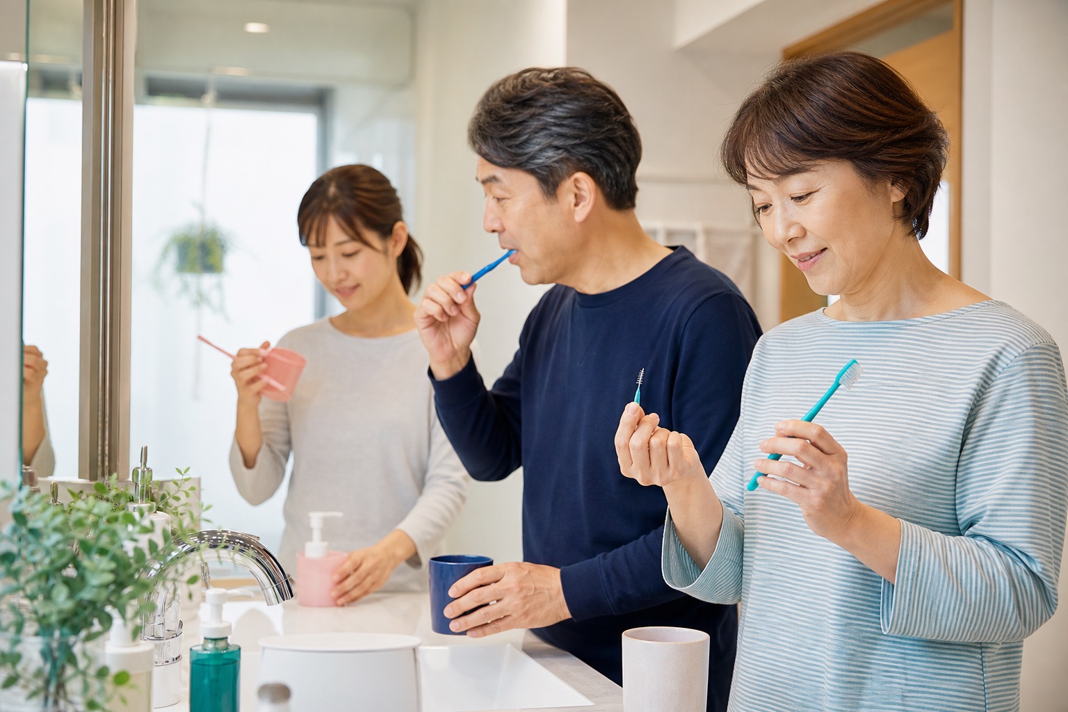 50代女性と家族が各自専用の歯ブラシとコップでセルフケアをする様子