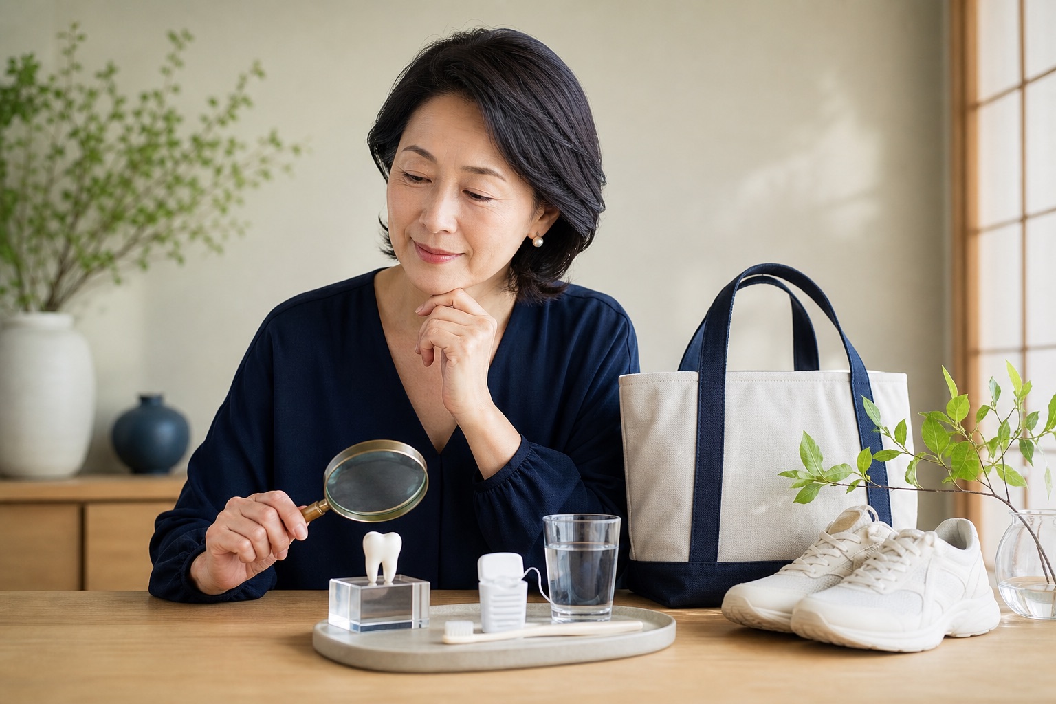 歯の模型とセルフケア用品、外出用のバッグを前に健康を考える50代女性