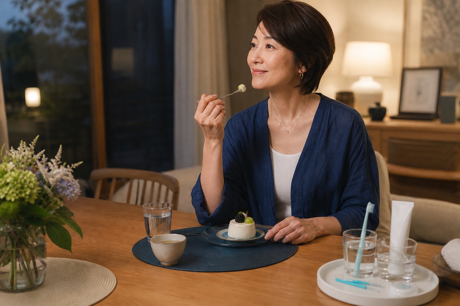 50代の女性が食後に小さなデザートと無糖のお茶を楽しみ、近くに歯ブラシやフロスを用意している様子