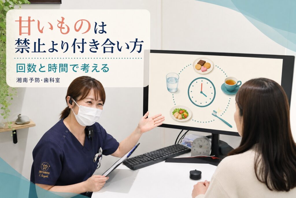 初診カウンセリングの写真に「甘いものは 禁止より付き合い方 回数と時間で考える」と入れたアイキャッチ