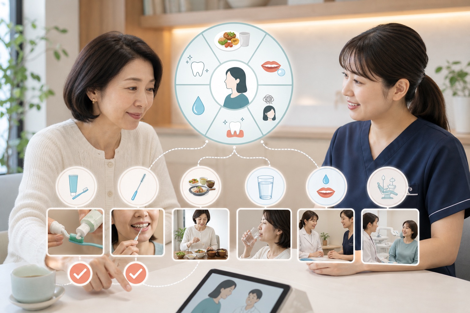 50代女性と歯科衛生士がフッ化物、歯間清掃、食事時間、水分、口の乾き、定期受診から実行しやすい対策を選ぶ場面