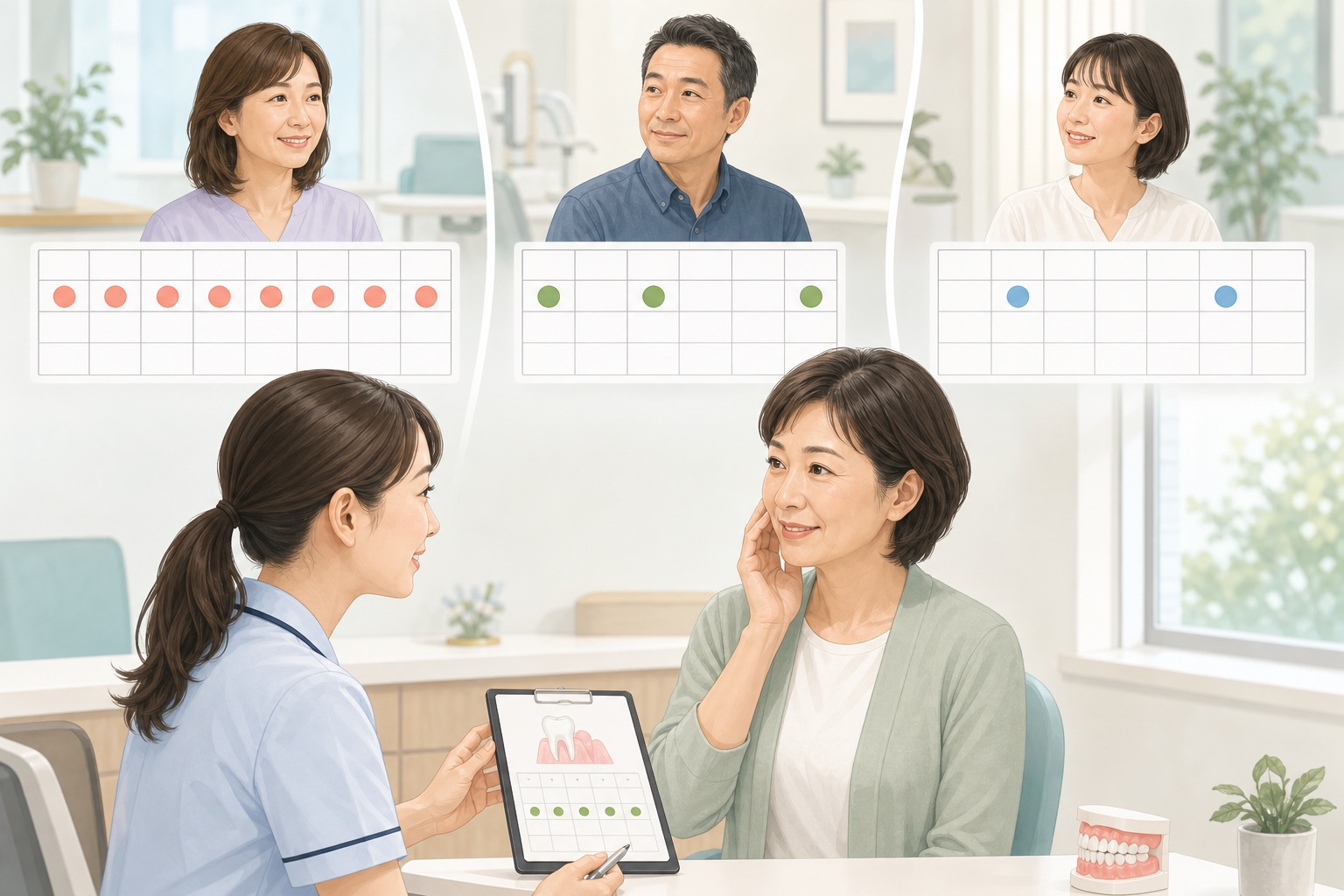 人によって異なるメインテナンスの通院リズムを示すイラスト