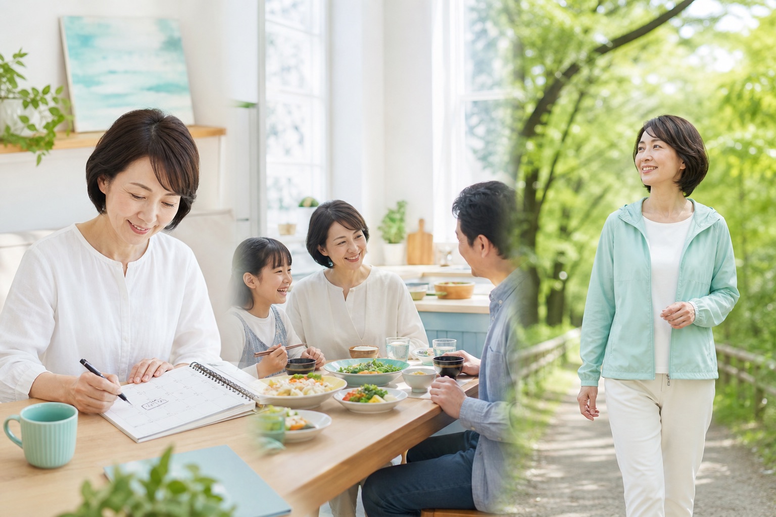 50代女性が定期メインテナンスを予定し家族との食事や散歩を楽しむ生活のイメージ