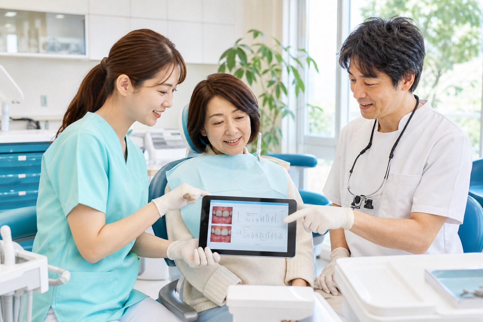 50代女性のメインテナンス記録を歯科医師と歯科衛生士が一緒に確認する様子