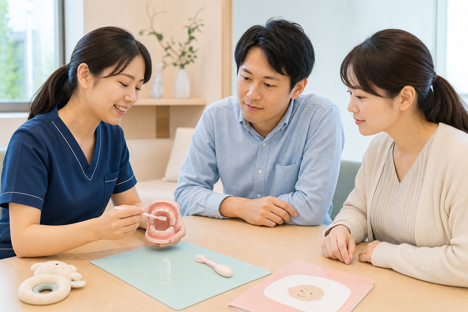 歯科衛生士が妊娠中の夫婦に乳幼児のお口のケアを模型で説明する様子
