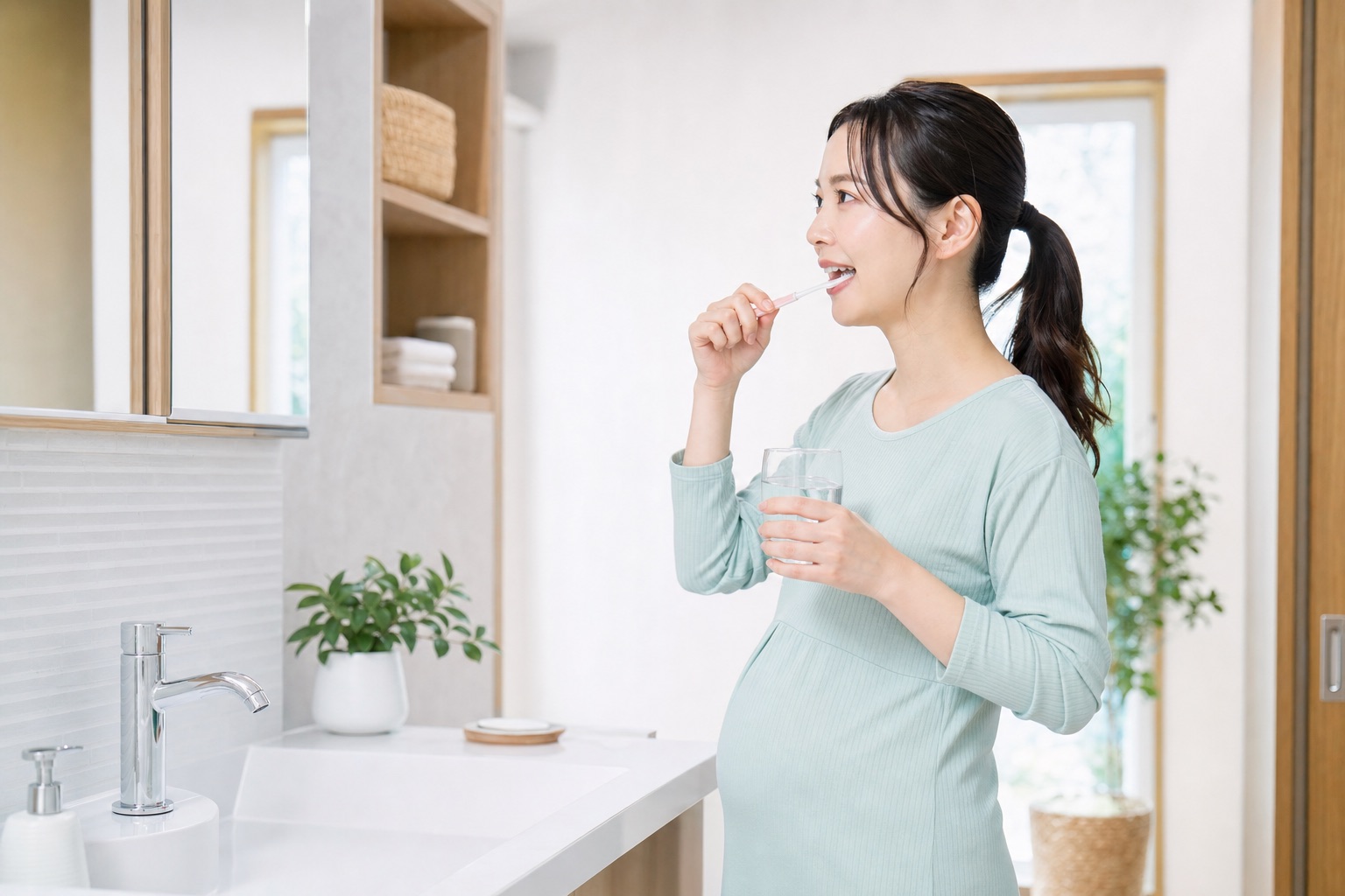 妊娠中の女性が自宅で小さめの歯ブラシを使い、無理なく歯を磨く様子