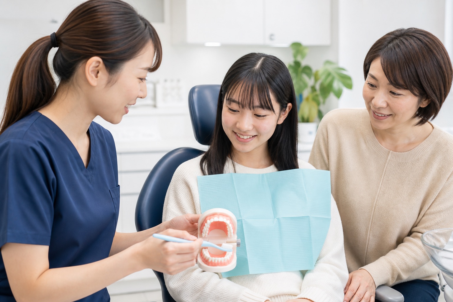 歯科衛生士が中高生と保護者に歯の模型で磨き方を説明する様子