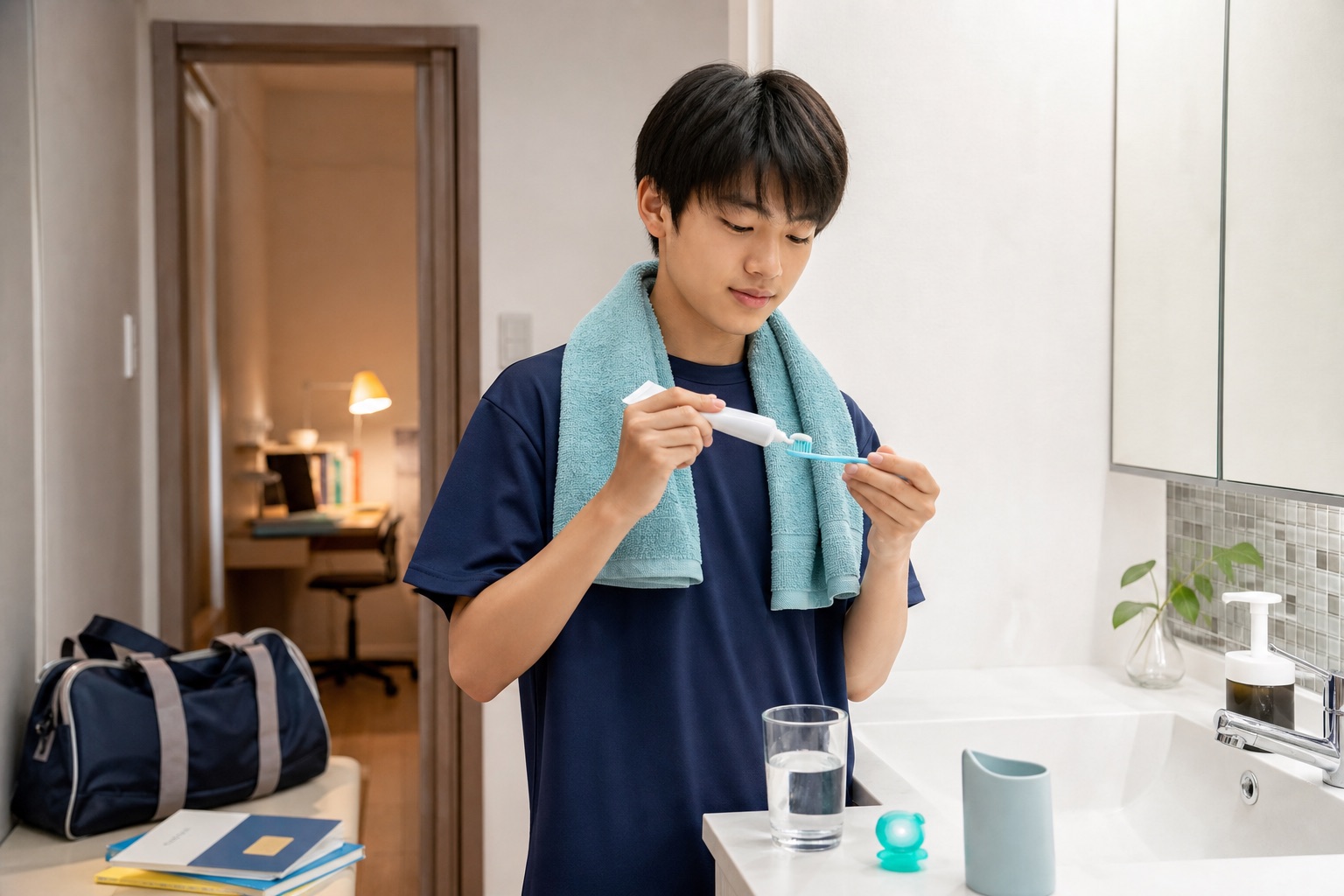 部活動と勉強を終えた中高生が夜の歯みがきを準備する様子