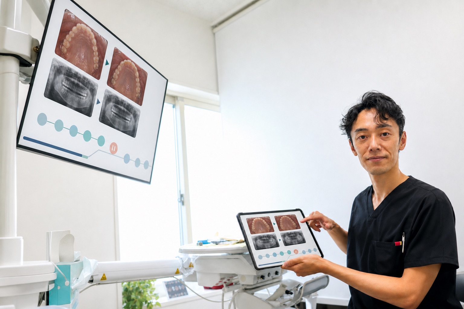 歯科医師が現在と過去の口腔内写真・レントゲンと柔軟な治療経路を示して説明する場面