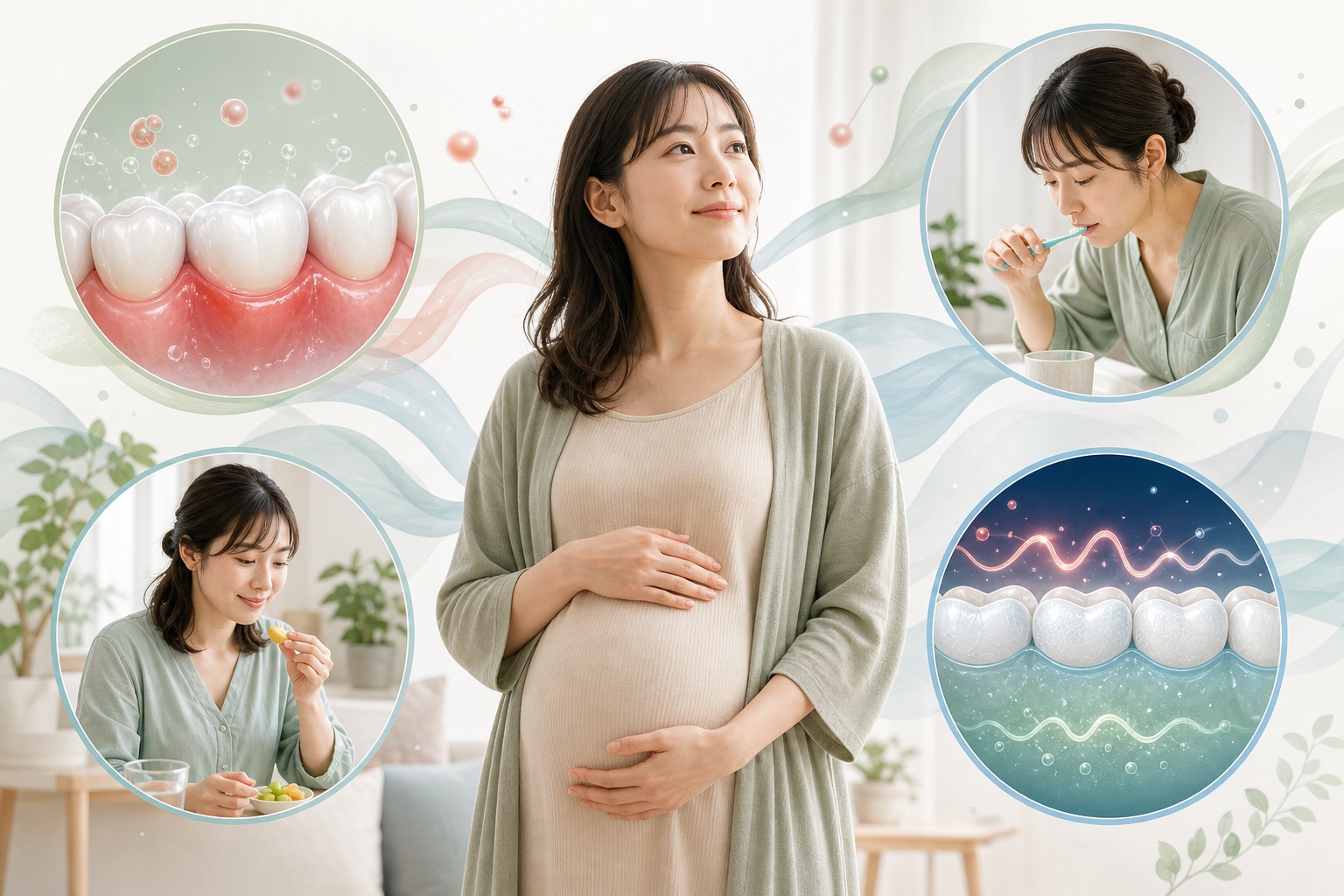妊娠中の歯ぐきの反応、吐き気による歯みがきの難しさ、少量頻回の食事、酸の影響を示す図