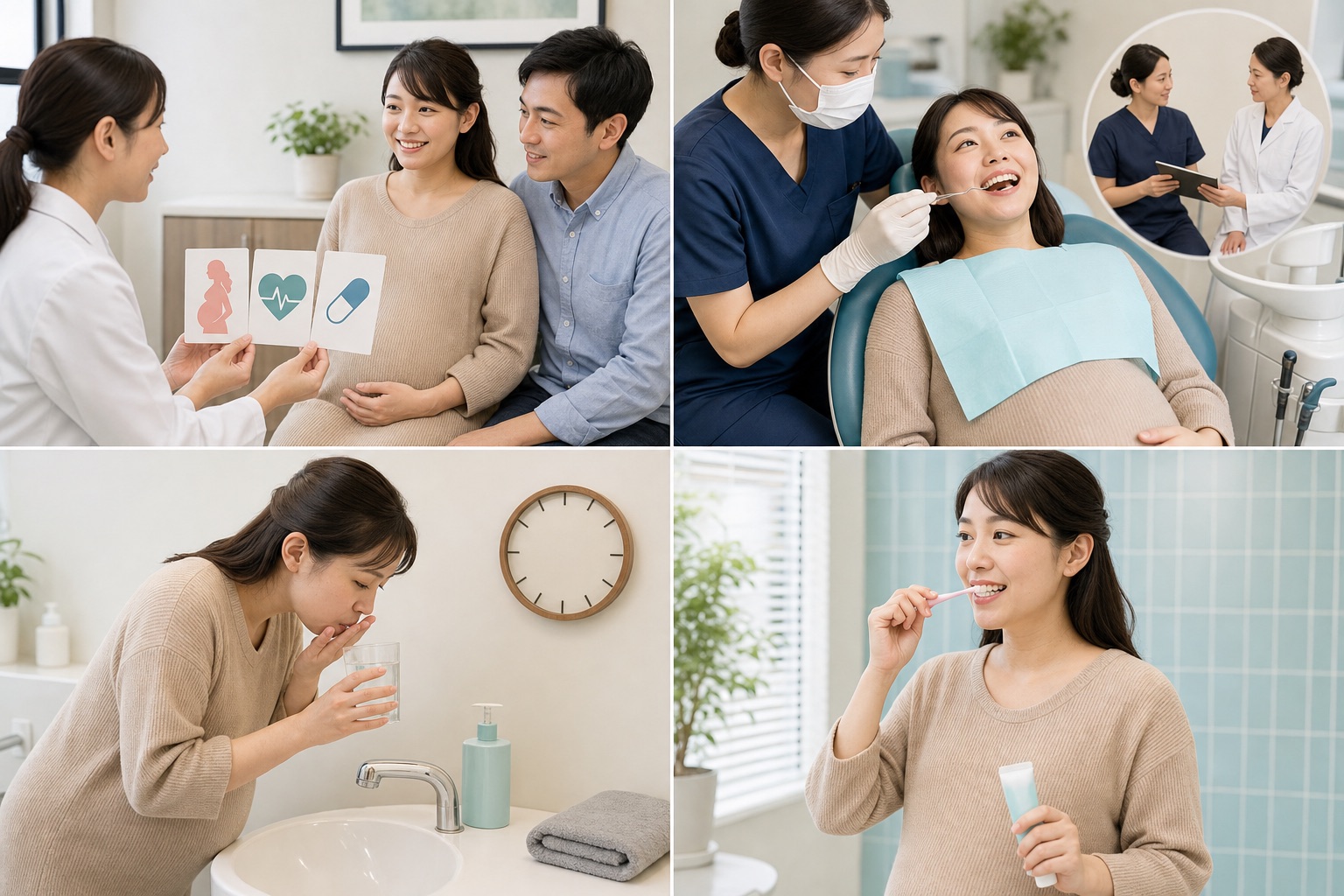妊娠情報の共有、楽な姿勢での歯科受診、吐き気後のうがい、小さな歯ブラシでのセルフケアを示す場面
