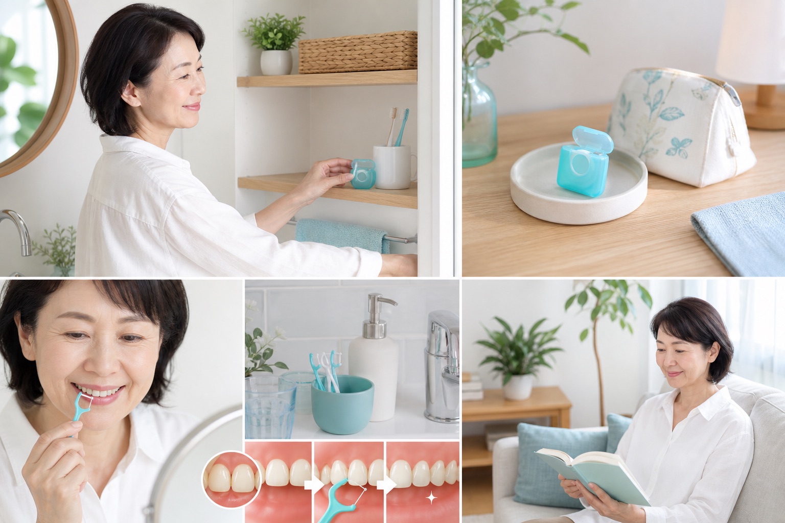 50代女性が自宅でフロスを目につく場所に置き小さな習慣を作る様子