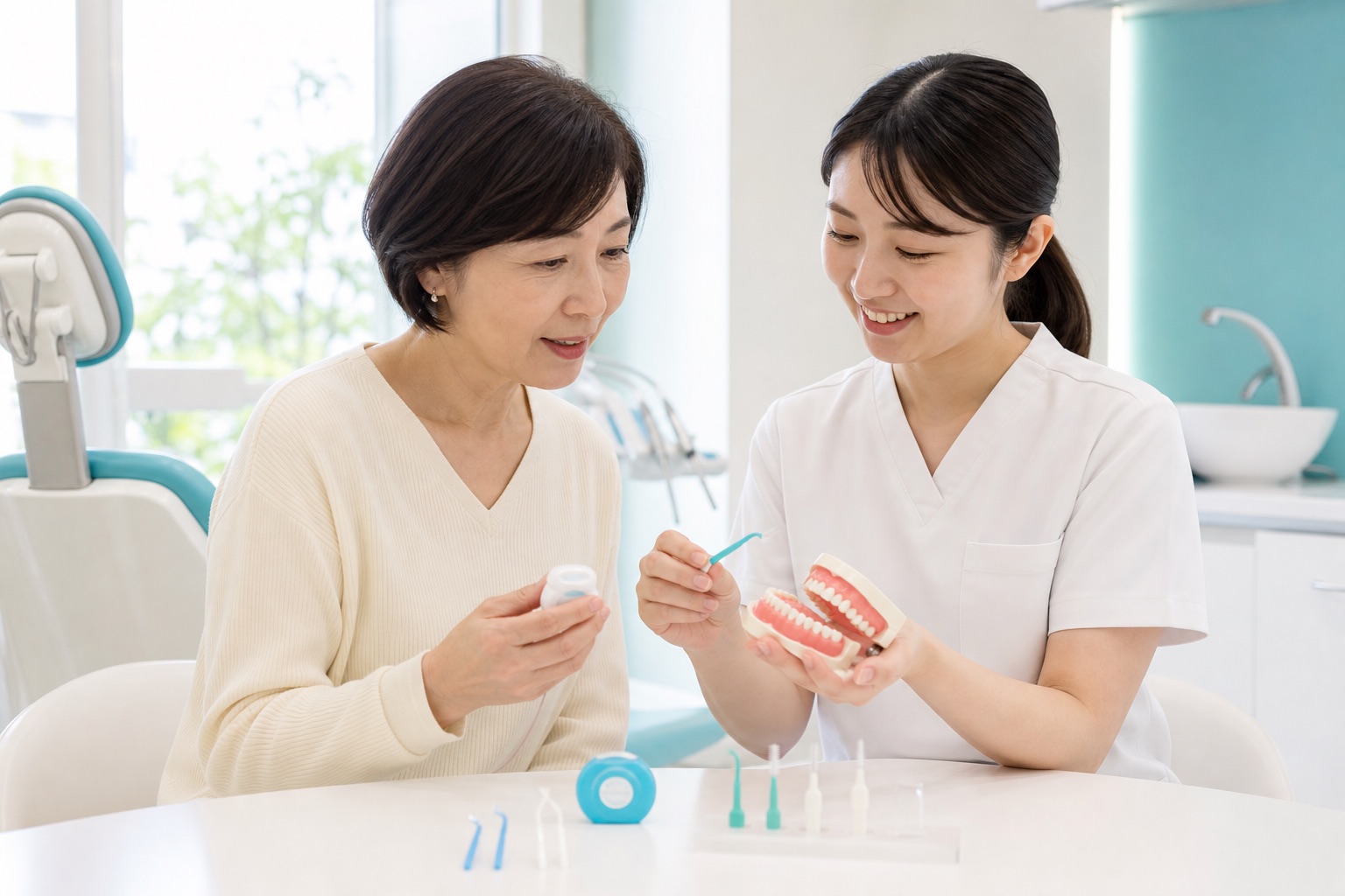 50代女性が歯科衛生士とフロスや歯間ブラシを歯の模型で試している様子