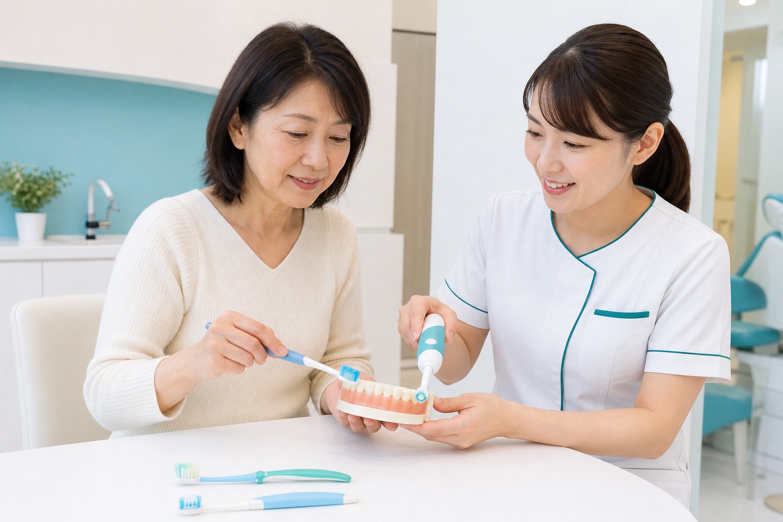 50代女性が歯科衛生士と手用歯ブラシと電動歯ブラシを歯の模型で比べる様子