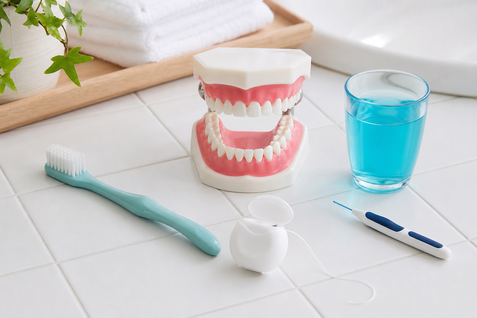 歯ブラシ、フロス、歯間ブラシ、洗口液と歯の模型を並べたセルフケア用品