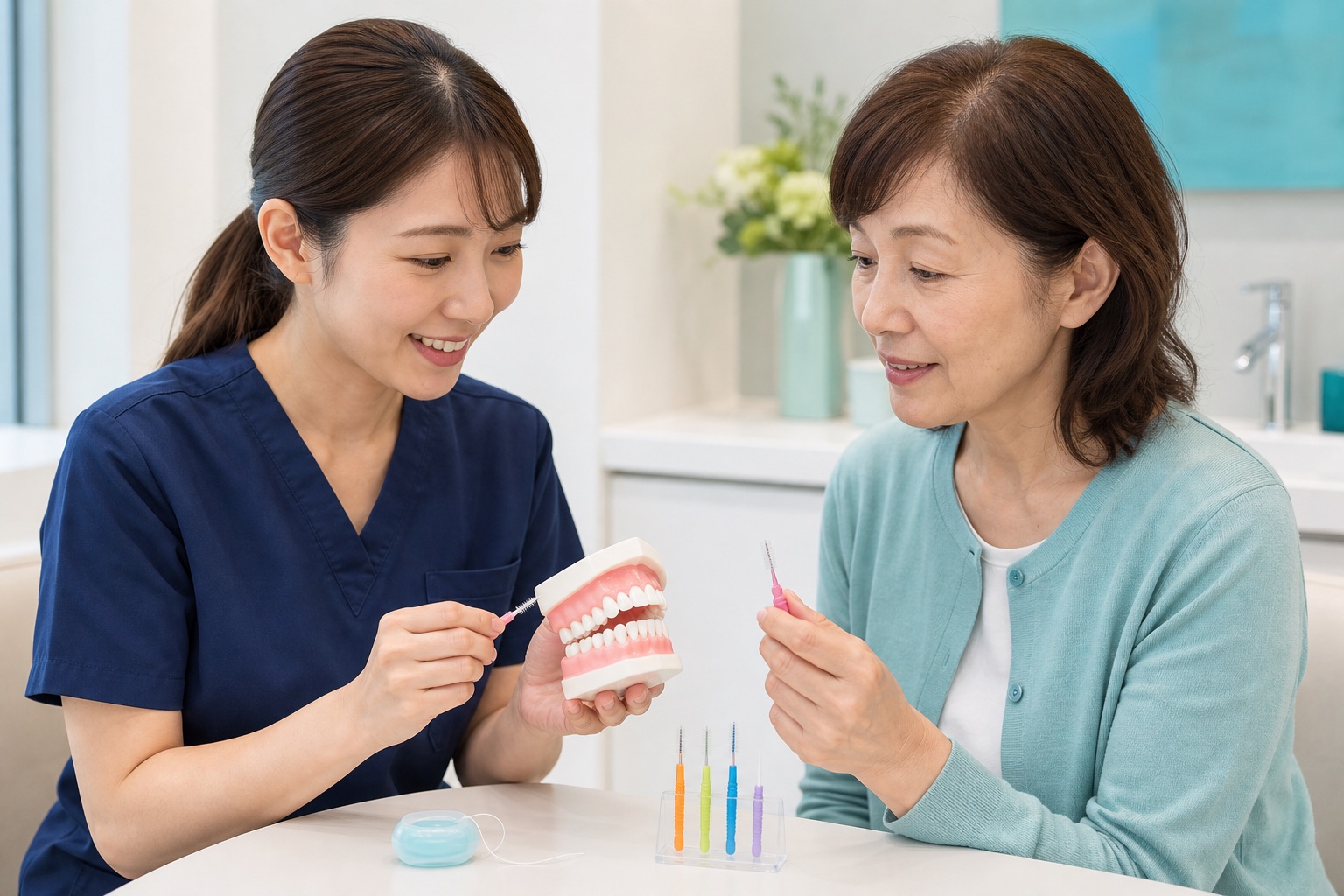 歯科衛生士と50代女性が歯の模型を使い、フロスと歯間ブラシのサイズを選ぶ様子