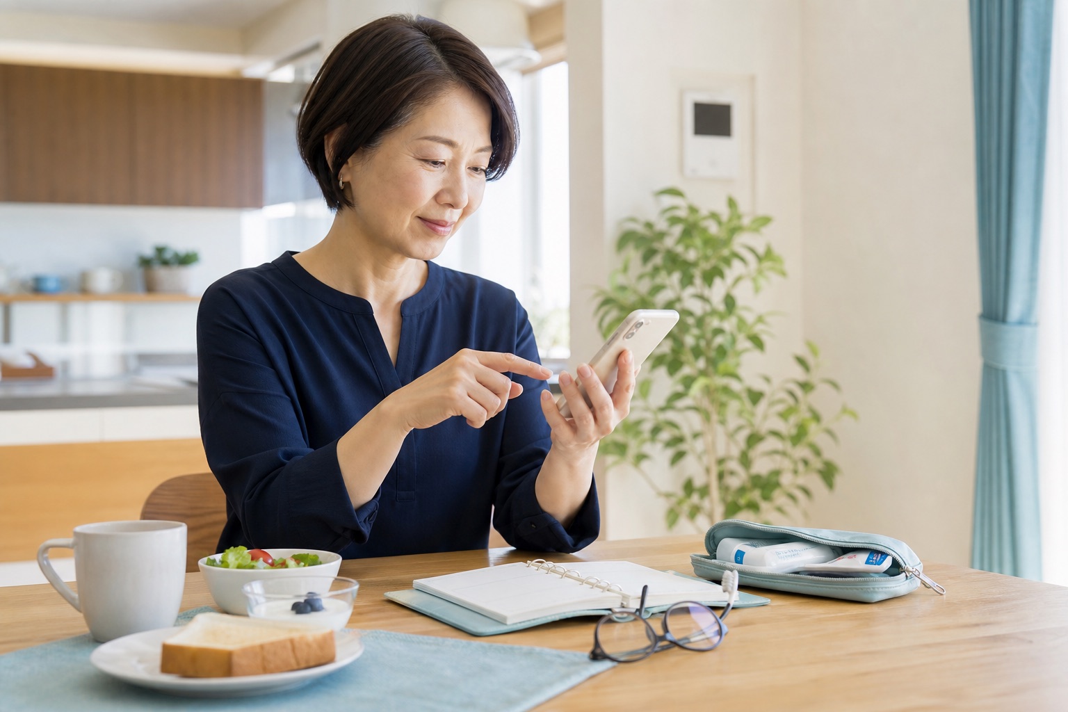 50代女性がスマートフォンと手帳で歯科メインテナンスの予定を整える様子
