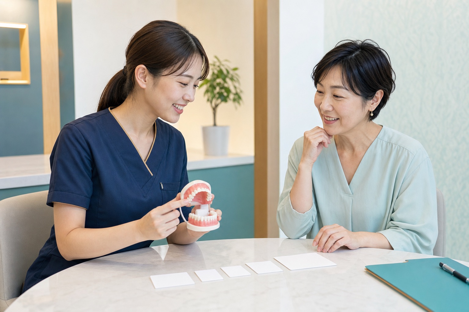歯科衛生士と50代女性が歯の模型と間隔の異なるカードで通院計画を相談する様子