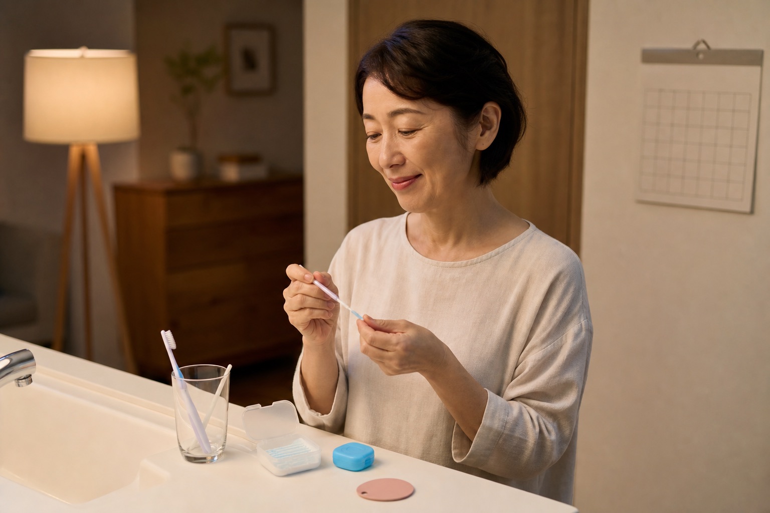 夜にフロスを手に取りセルフケアを再開する50代女性